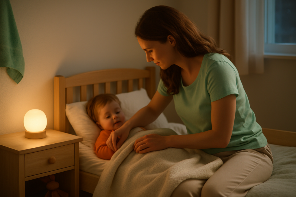 Une mère borde son jeune enfant dans son lit le soir, une veilleuse allumée sur la table de nuit.