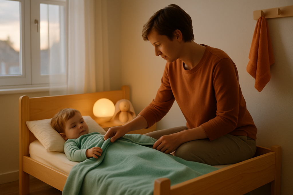 Un parent borde un enfant en pyjama dans son lit le soir, avec une veilleuse allumée à côté.