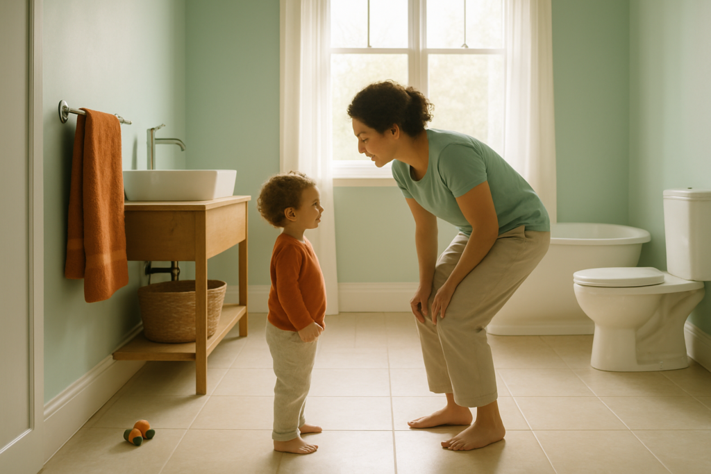 Un parent accroupi parle avec son jeune enfant debout dans une salle de bain lumineuse et spacieuse.