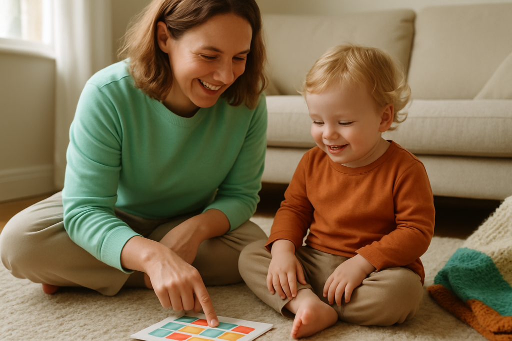 Un parent et un jeune enfant assis sur un tapis de salon en train de regarder ensemble un petit tableau coloré.