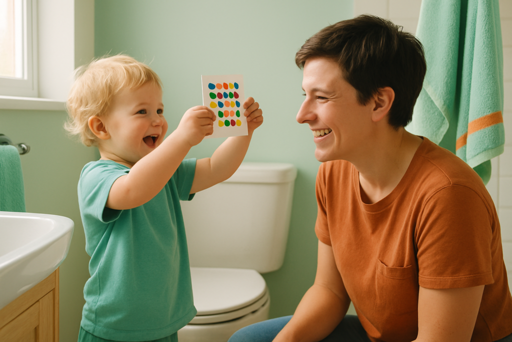 Un enfant tend fièrement une petite carte à gommettes colorée à son parent souriant dans une salle de bain lumineuse.