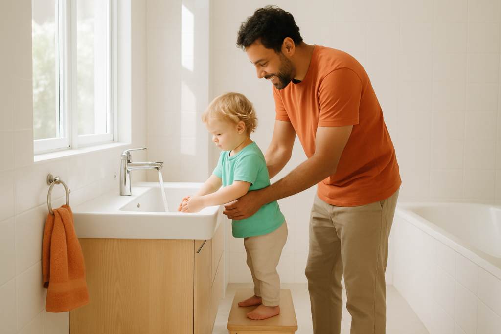 Un enfant debout sur un marchepied se lave les mains devant un lavabo, accompagné d'un parent dans une salle de bain lumineuse.