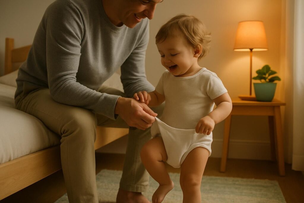 Un parent aide un jeune enfant à enfiler une culotte en coton dans une chambre lumineuse.