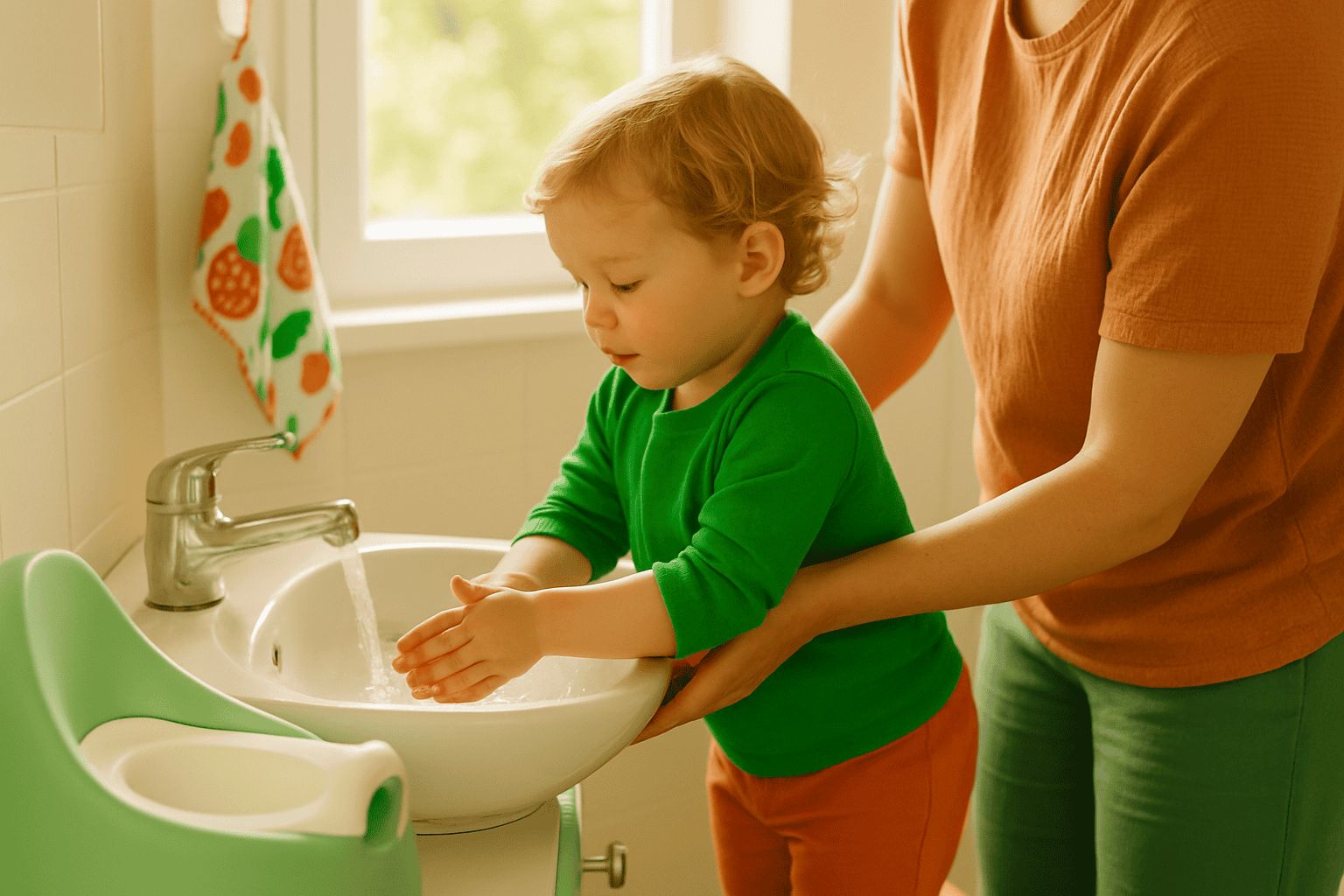 Un tout-petit se lave les mains devant un lavabo avec l'aide d'un parent dans une salle de bain baignée de lumière naturelle.
