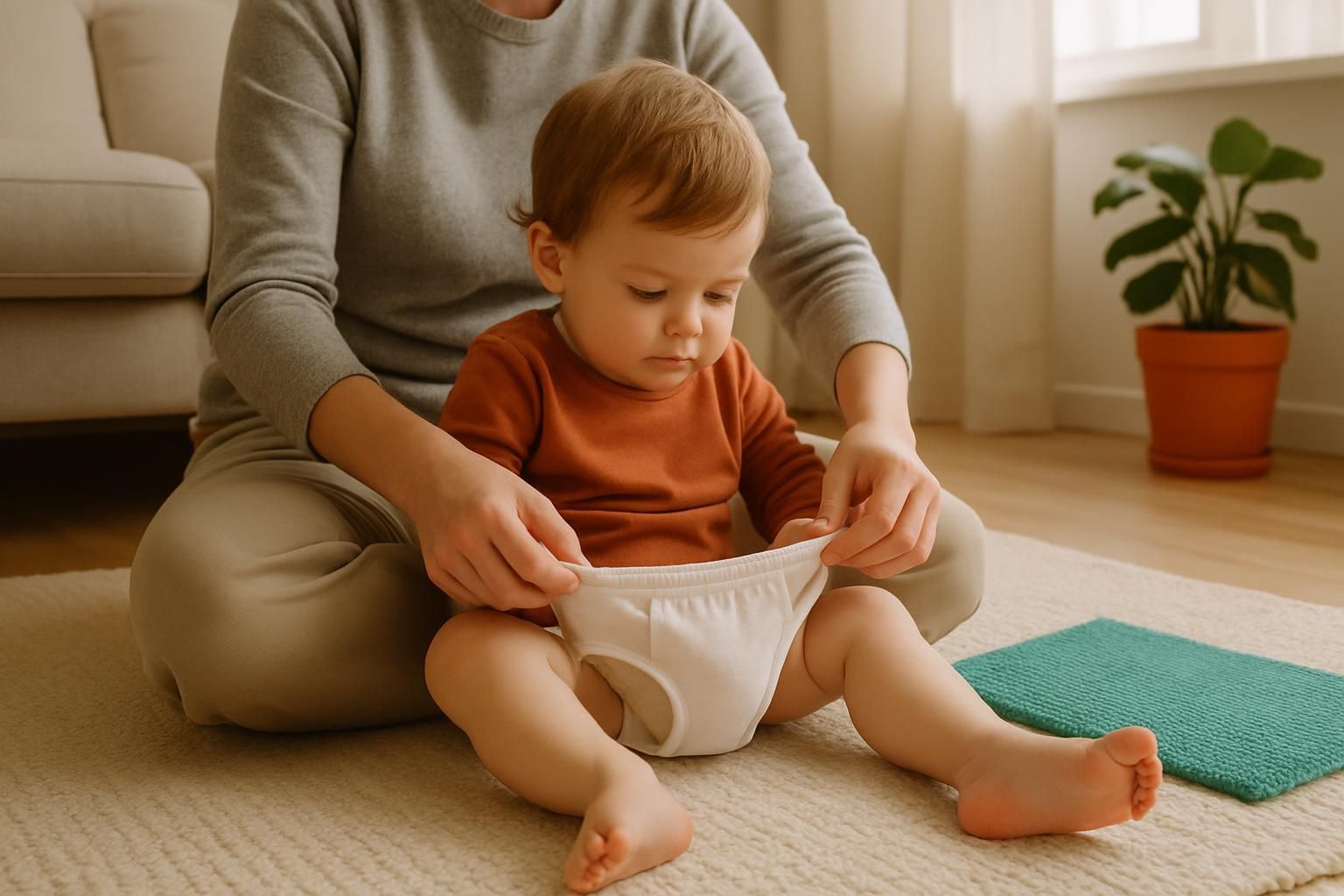 Un parent aide un jeune enfant à enfiler une culotte en coton assis sur un tapis dans un salon lumineux.