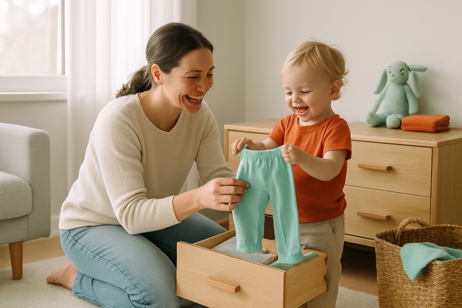 Un parent aide un jeune enfant à choisir une culotte en coton dans un tiroir, dans un salon lumineux.
