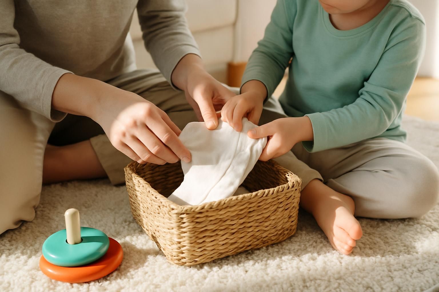 Un parent assis sur un tapis avec un jeune enfant en train de plier de petites culottes en coton dans un salon lumineux.