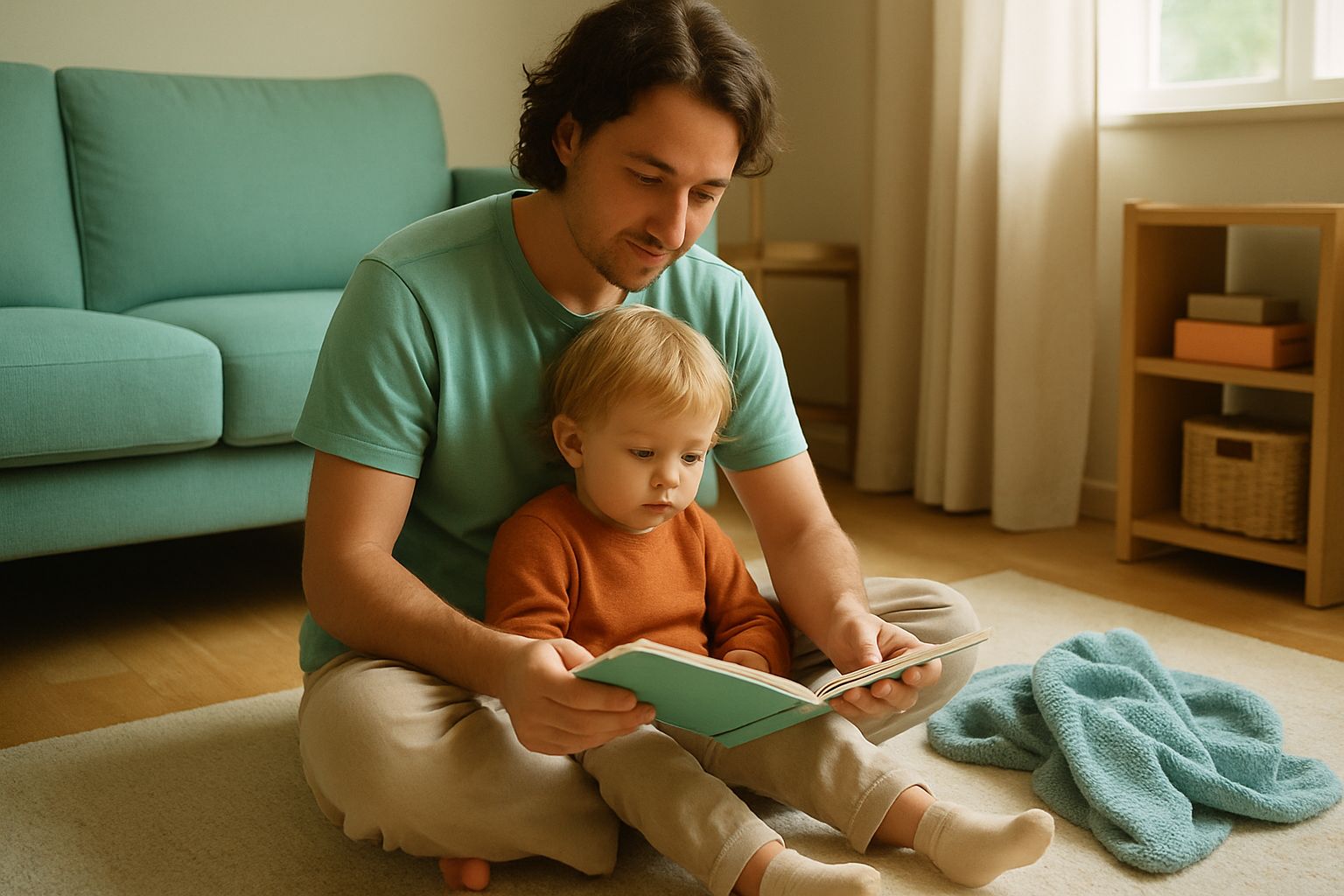 Un parent assis sur un tapis lit un livre d'images avec son jeune enfant dans un salon baigné de lumière naturelle.