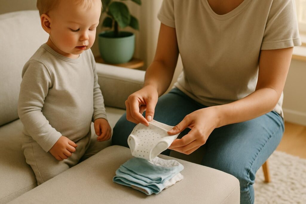 Un parent plie de petites culottes en coton sur un canapé pendant qu'un enfant debout l'observe dans un salon lumineux.