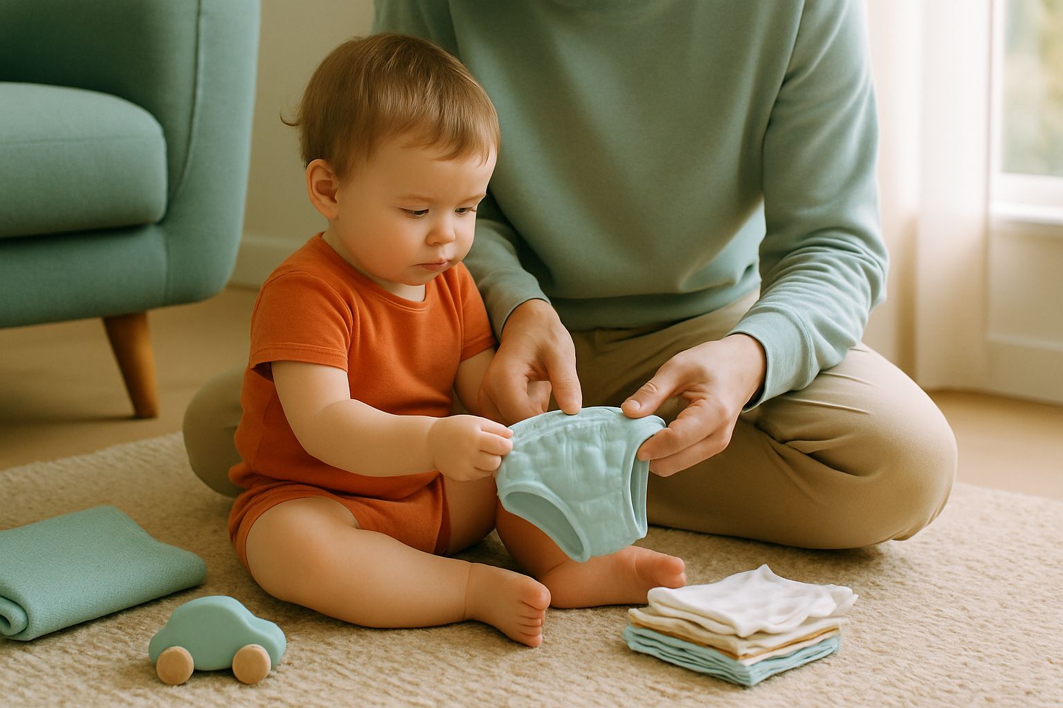 Un parent et un jeune enfant assis sur un tapis de salon en train de choisir ensemble une culotte en coton dans une pile de linge.