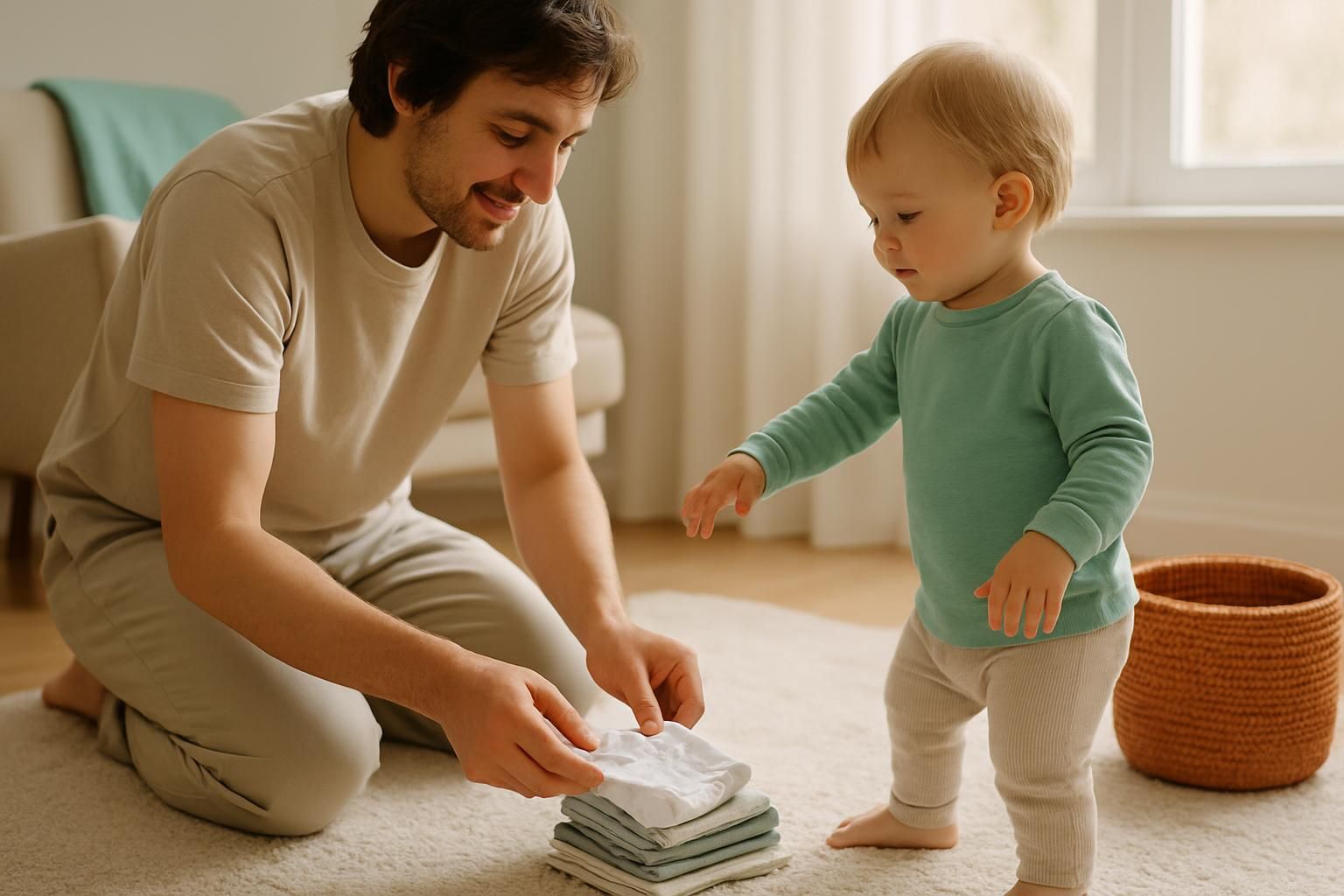 Un parent plie une petite culotte en coton sur un tapis pendant qu'un enfant debout à côté regarde avec curiosité.
