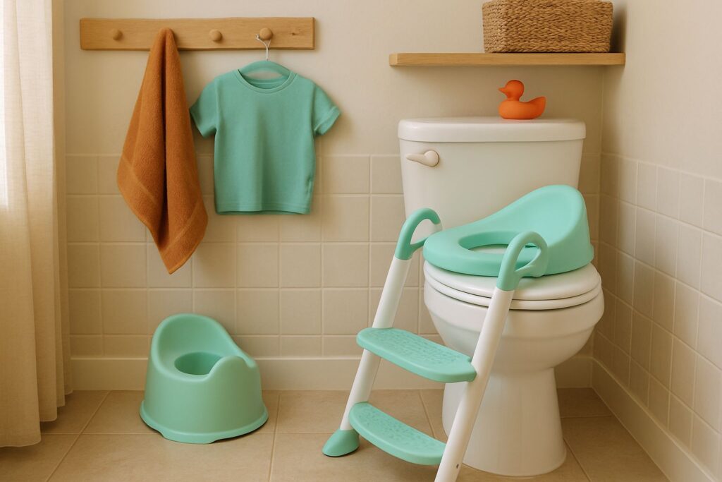 Pot pour enfant et réducteur de toilette avec marchepied installés dans une salle de bain familiale