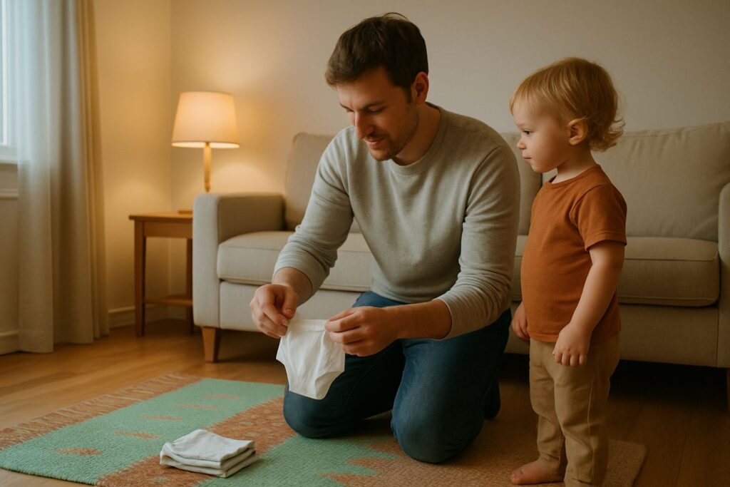 Un parent agenouillé plie une petite culotte en coton à côté d'un jeune enfant debout dans un salon lumineux.