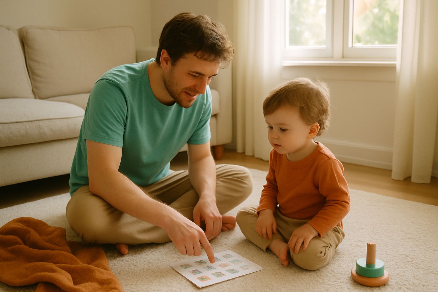 Un parent assis sur un tapis avec son jeune enfant, en train de regarder ensemble un petit tableau posé au sol dans un salon lumineux.