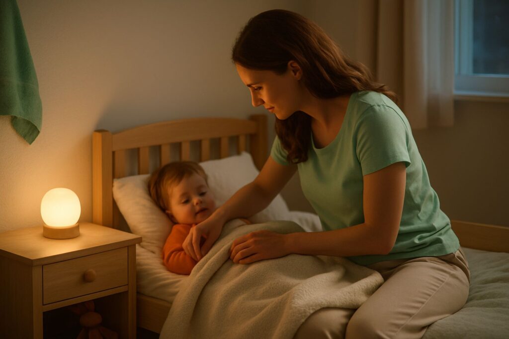Une mère borde son jeune enfant dans son lit le soir, une veilleuse allumée sur la table de nuit.