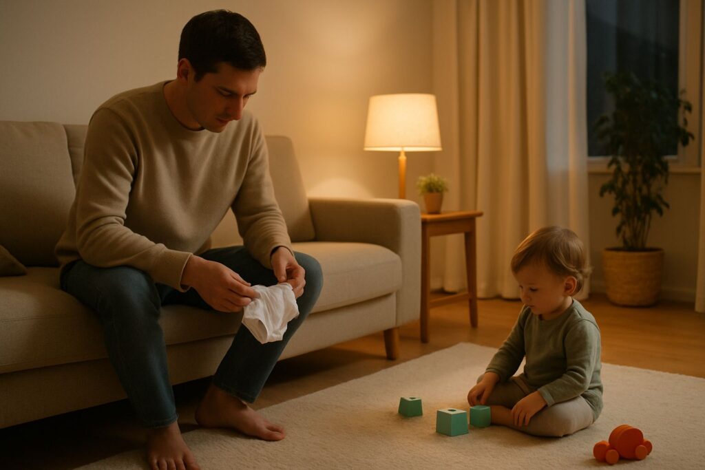 Une maman plie une petite culotte en coton sur le canapé pendant que son enfant joue tranquillement à côté sur un tapis.