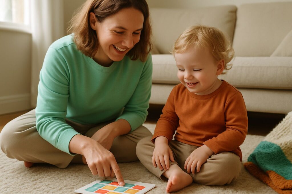 Un parent et un jeune enfant assis sur un tapis de salon en train de regarder ensemble un petit tableau coloré.