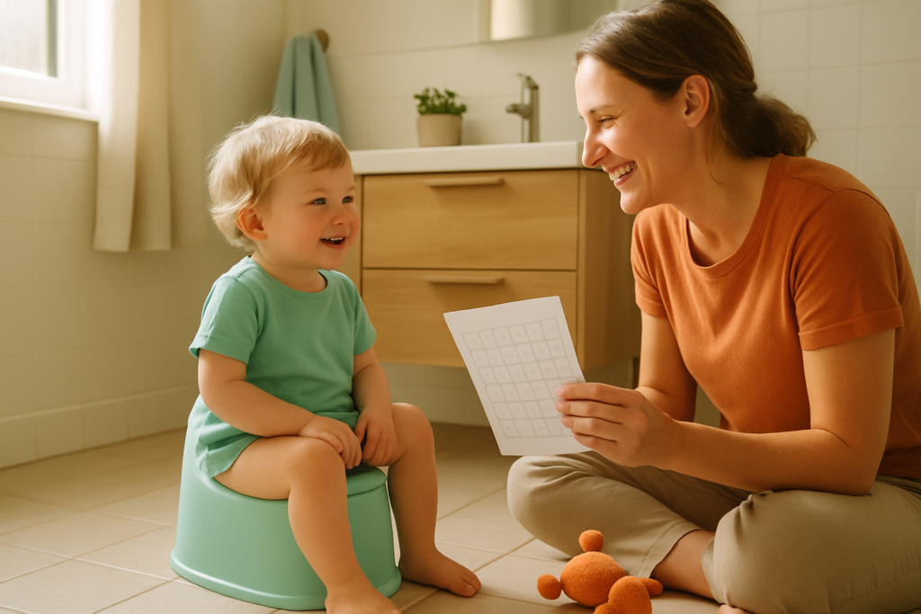 A parent kneeling beside a toddler on a potty, holding a printed tracking schedule instead of a clock