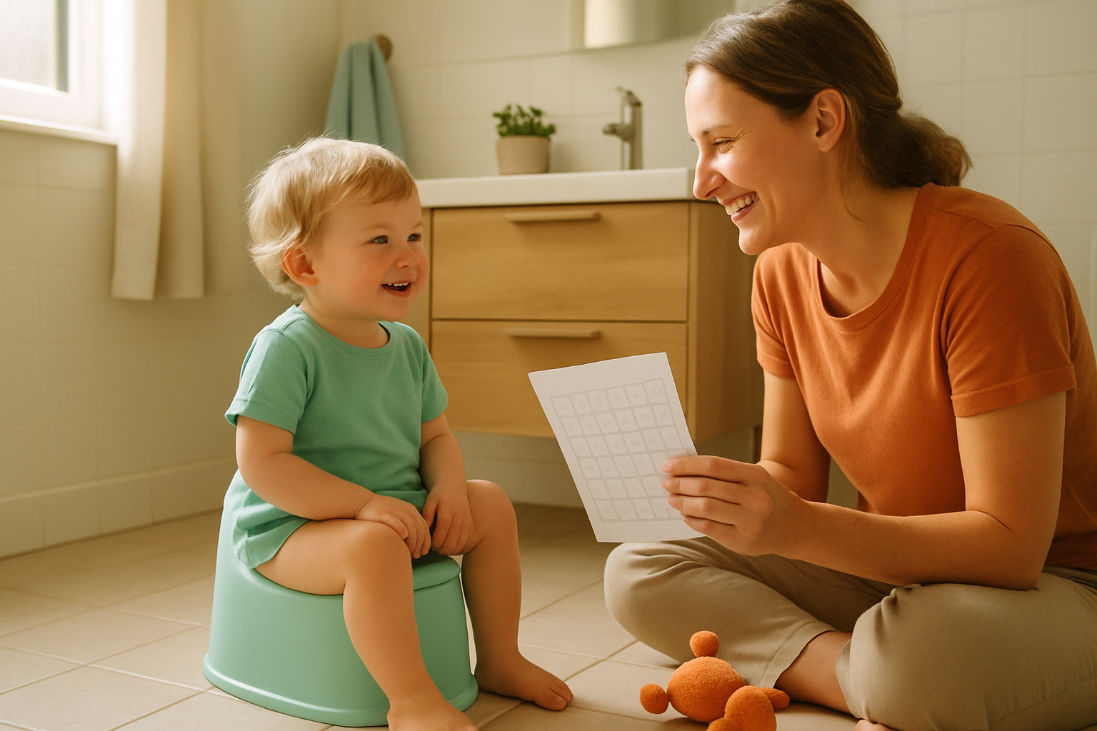 A parent kneeling beside a toddler on a potty, holding a printed tracking schedule instead of a clock