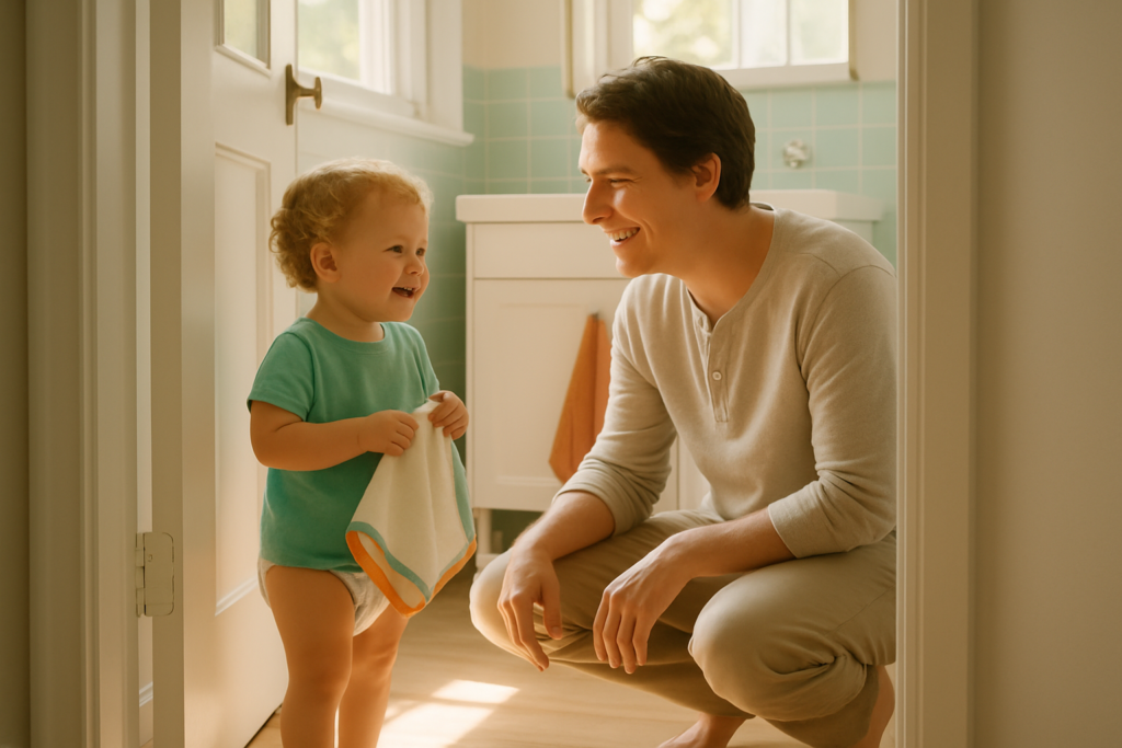 A parent kneels smiling with a toddler in a sunlit bathroom doorway while the child holds a small towel.