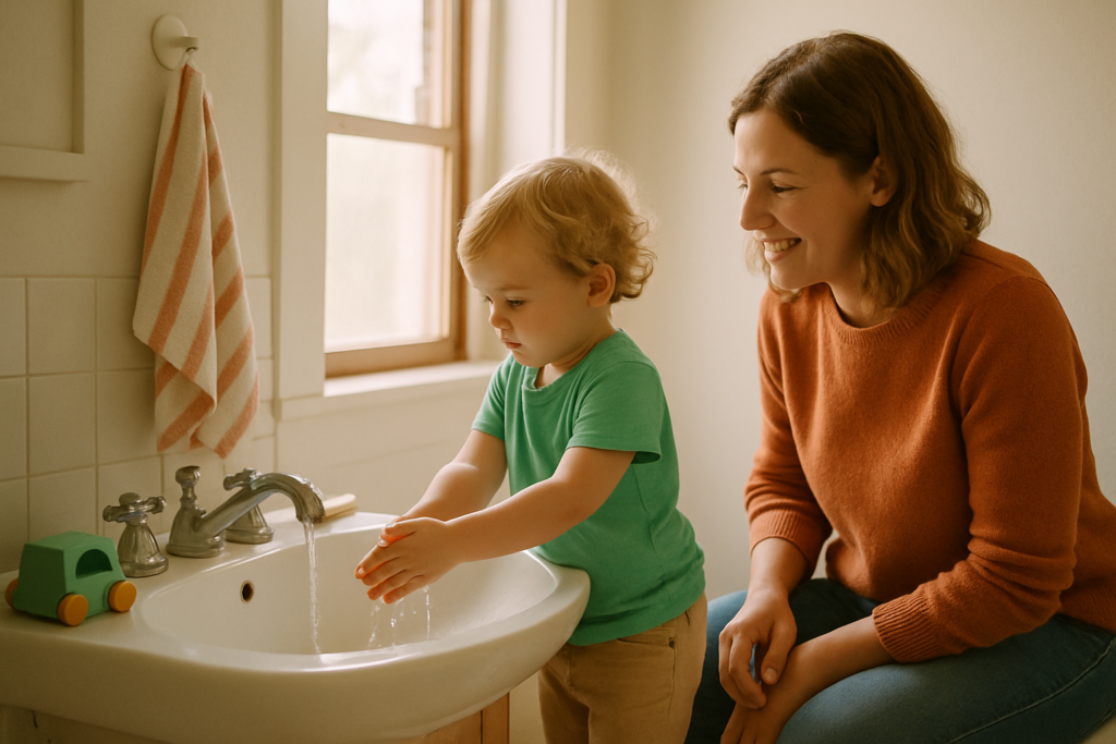 A parent kneels beside a toddler at a bathroom sink, helping them wash their hands in soft morning light.