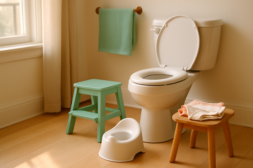 A toddler step stool, toilet seat reducer, small potty, and folded cotton underwear arranged in a sunlit bathroom.