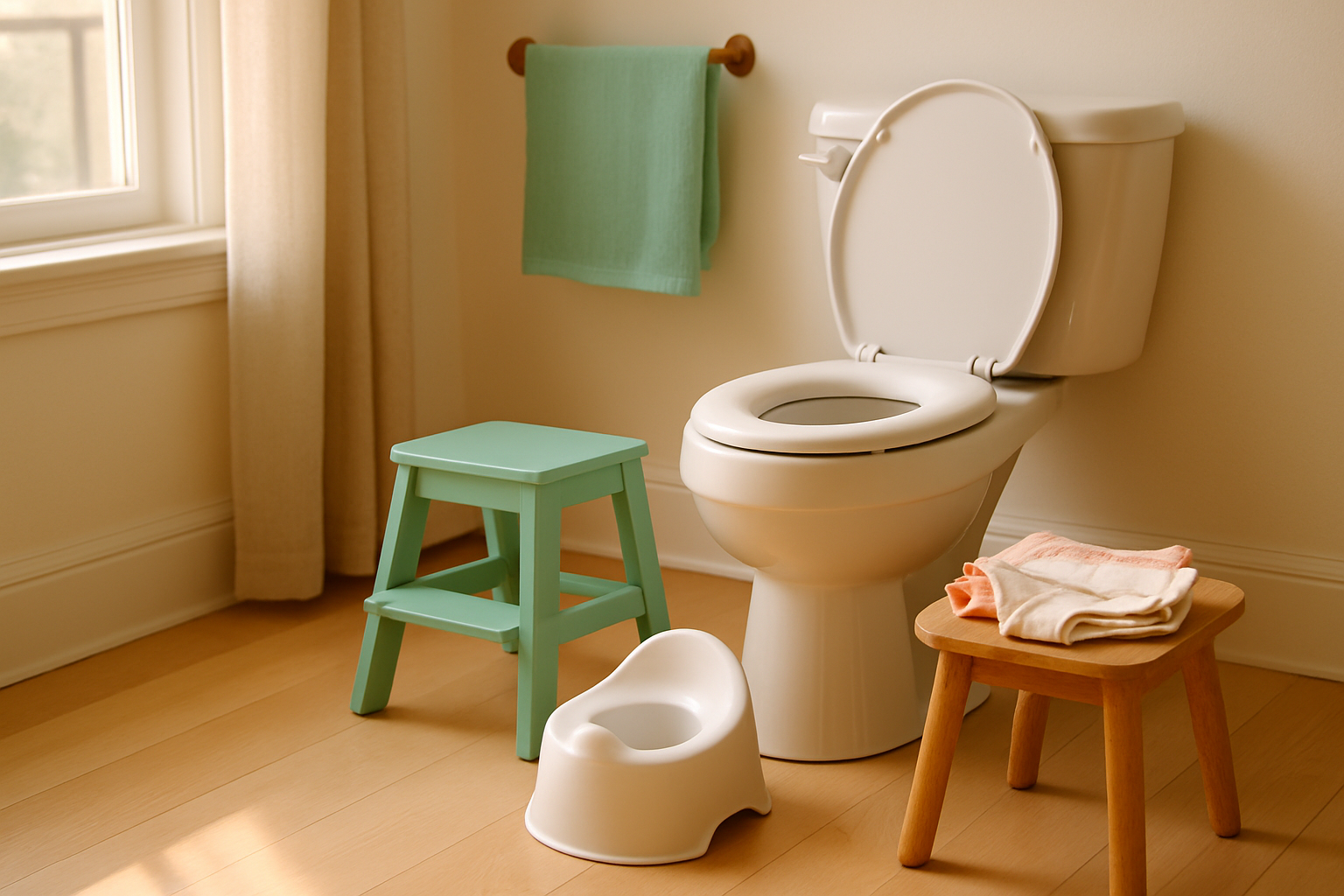 A toddler step stool, toilet seat reducer, small potty, and folded cotton underwear arranged in a sunlit bathroom.