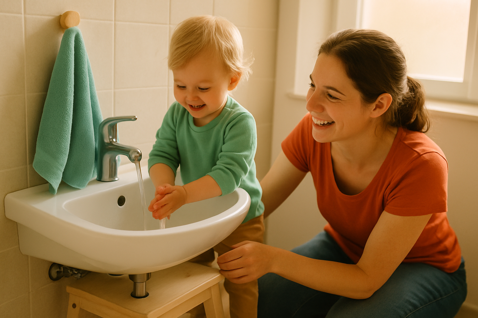 A toddler stands on a step stool washing hands at the sink while a parent kneels beside them smiling.