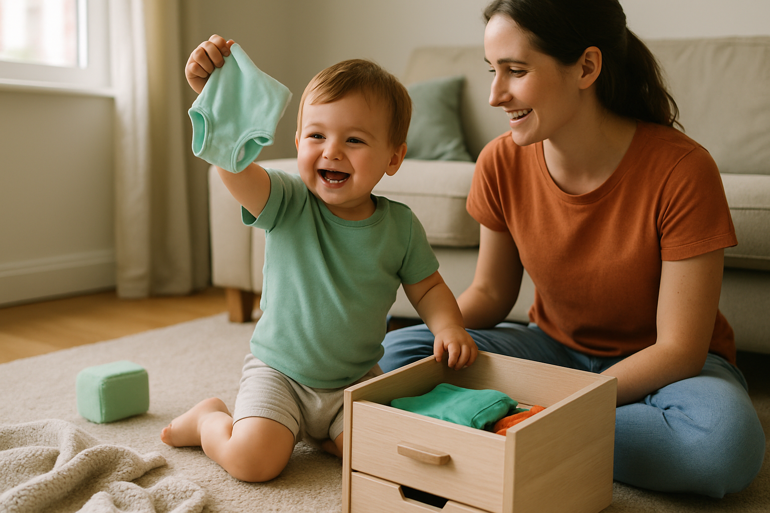 A parent and toddler sitting on a living room rug together, the toddler holding up a pair of folded underwear.
