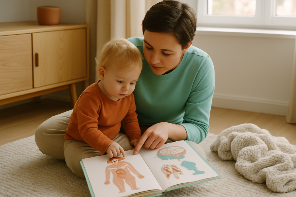 A parent and toddler sit together on a rug, looking at a picture book in a softly lit living room.