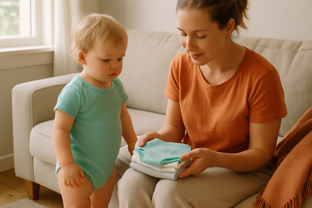 A parent sits on a sofa with a toddler standing beside them, looking together at a small stack of folded underwear in a bright living room.
