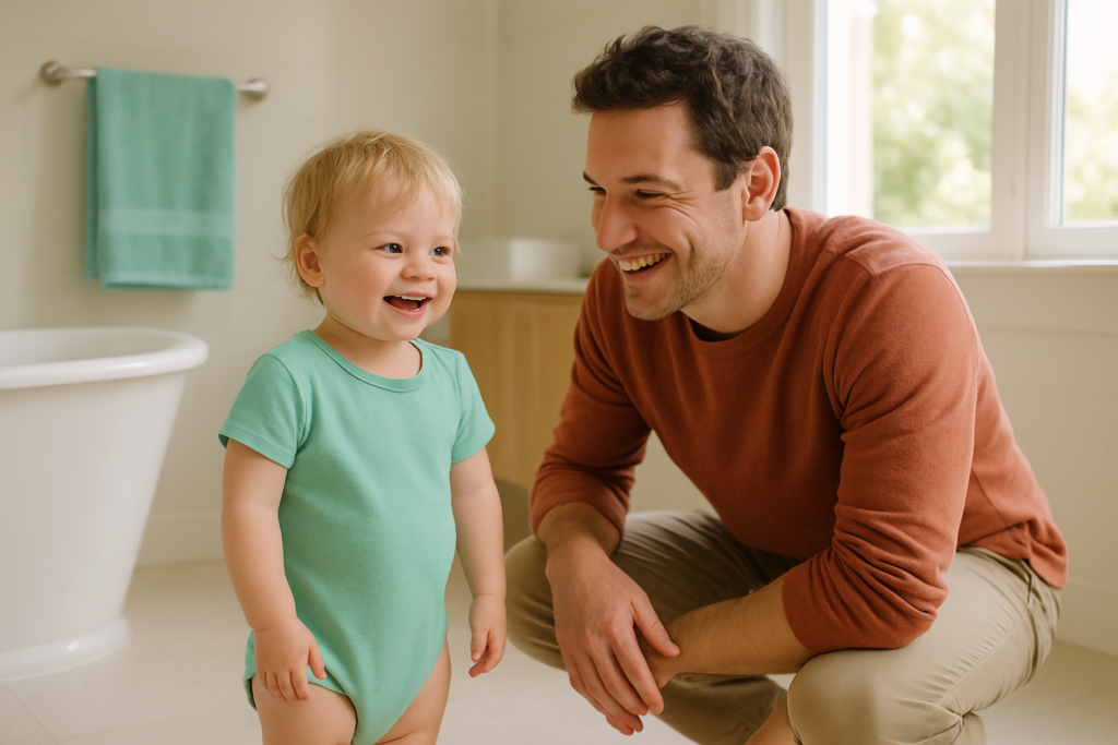 A parent crouches beside a smiling toddler standing in a bright, spacious bathroom.