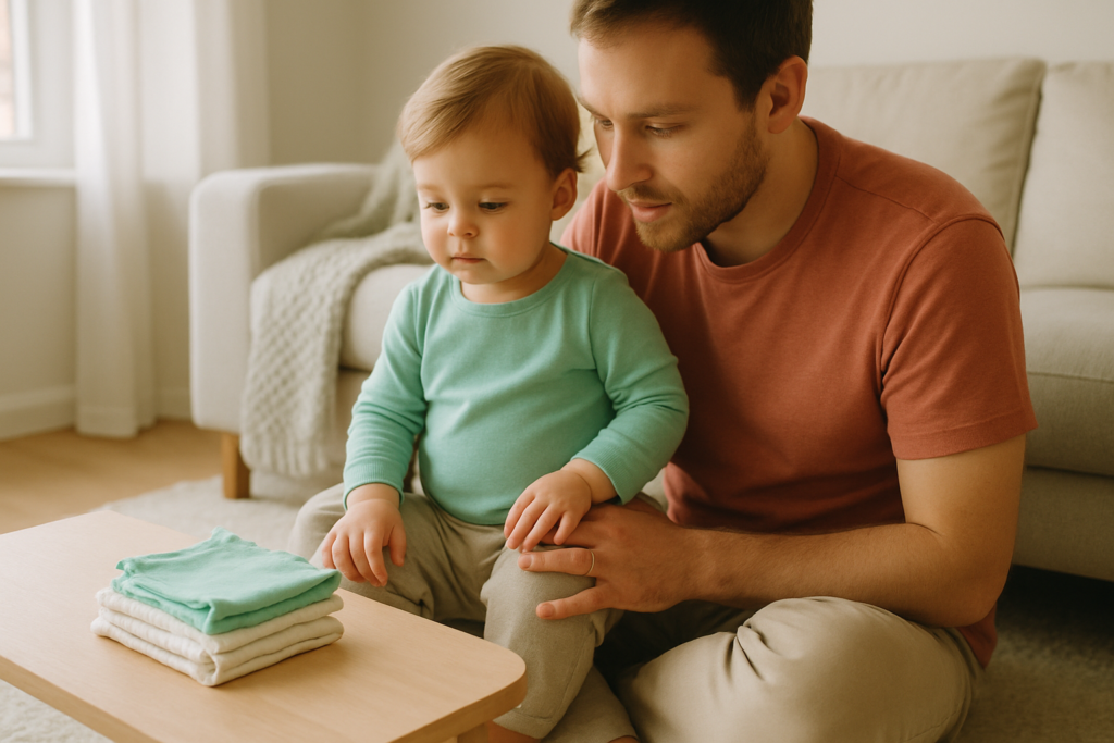 A parent sits with a toddler on a rug in a sunlit living room near a small stack of folded underwear.