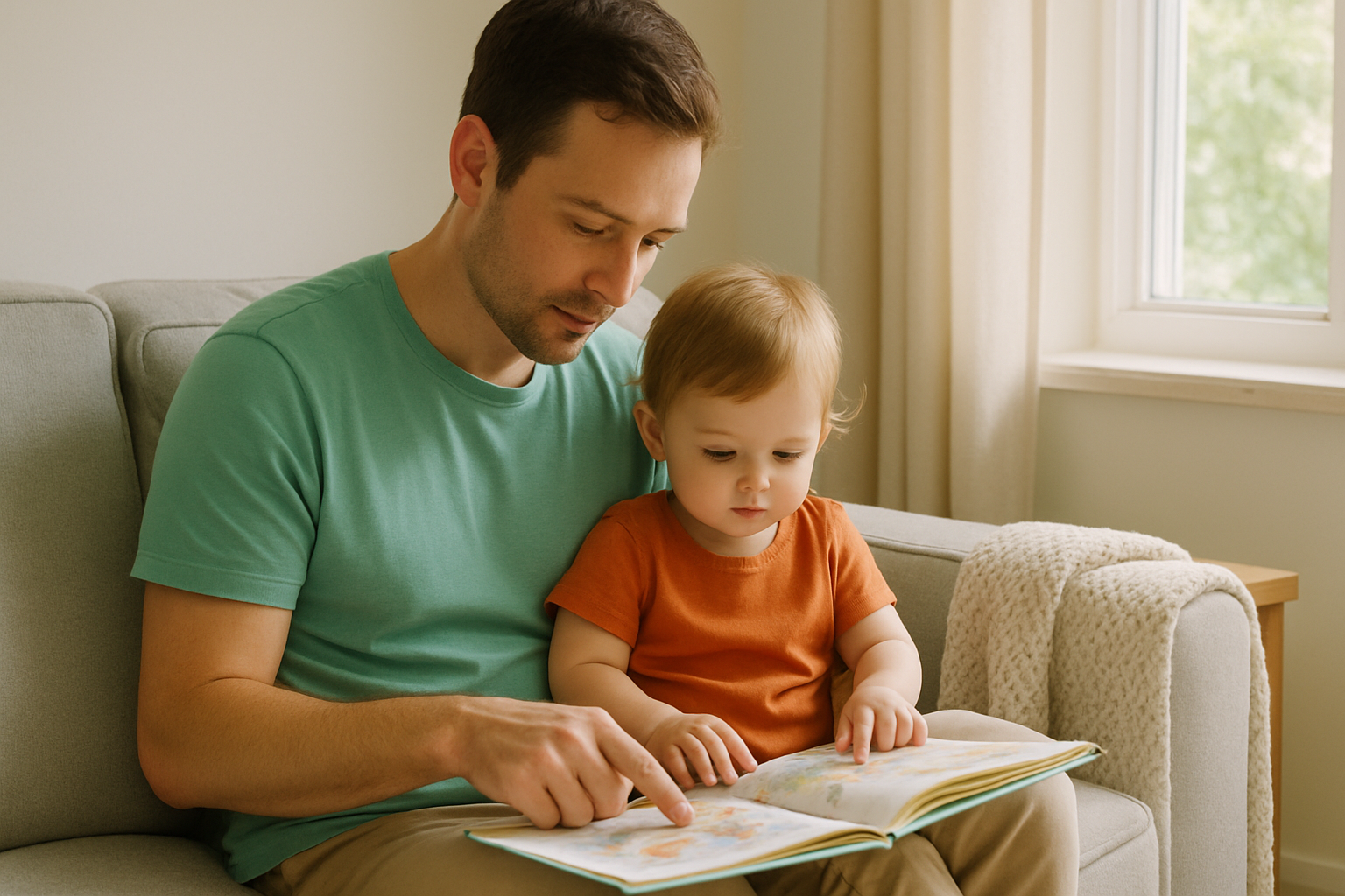 A parent and toddler sitting together on a sofa reading a picture book in a sunlit living room.