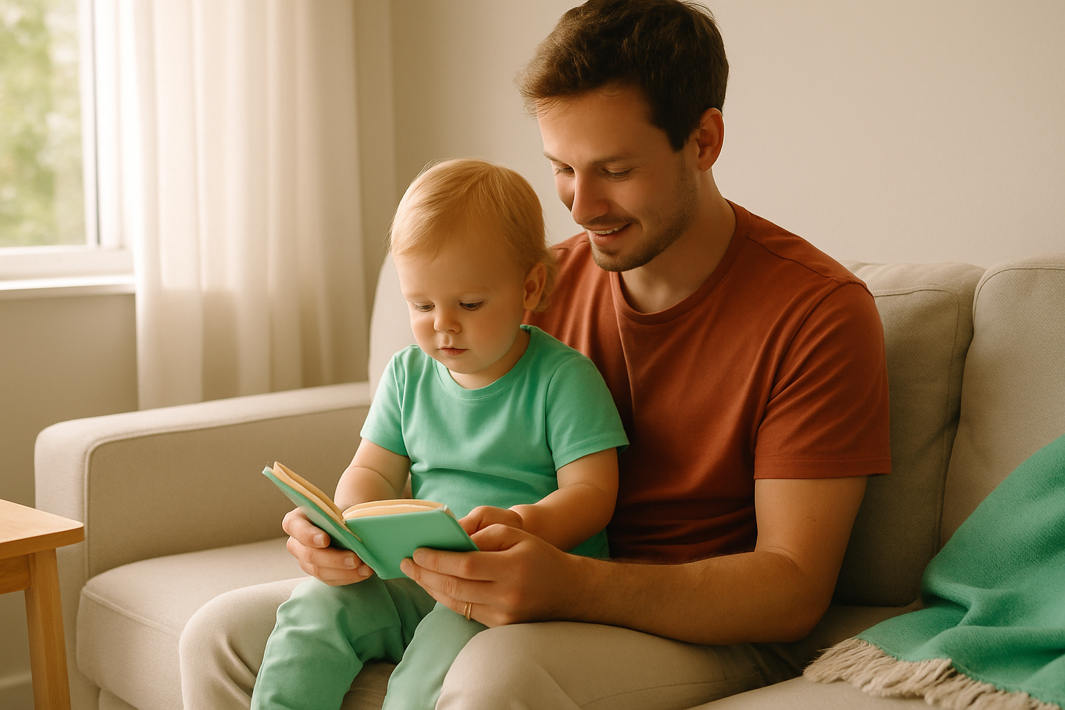 A parent and toddler sitting together on a sofa looking at a book in a bright living room.