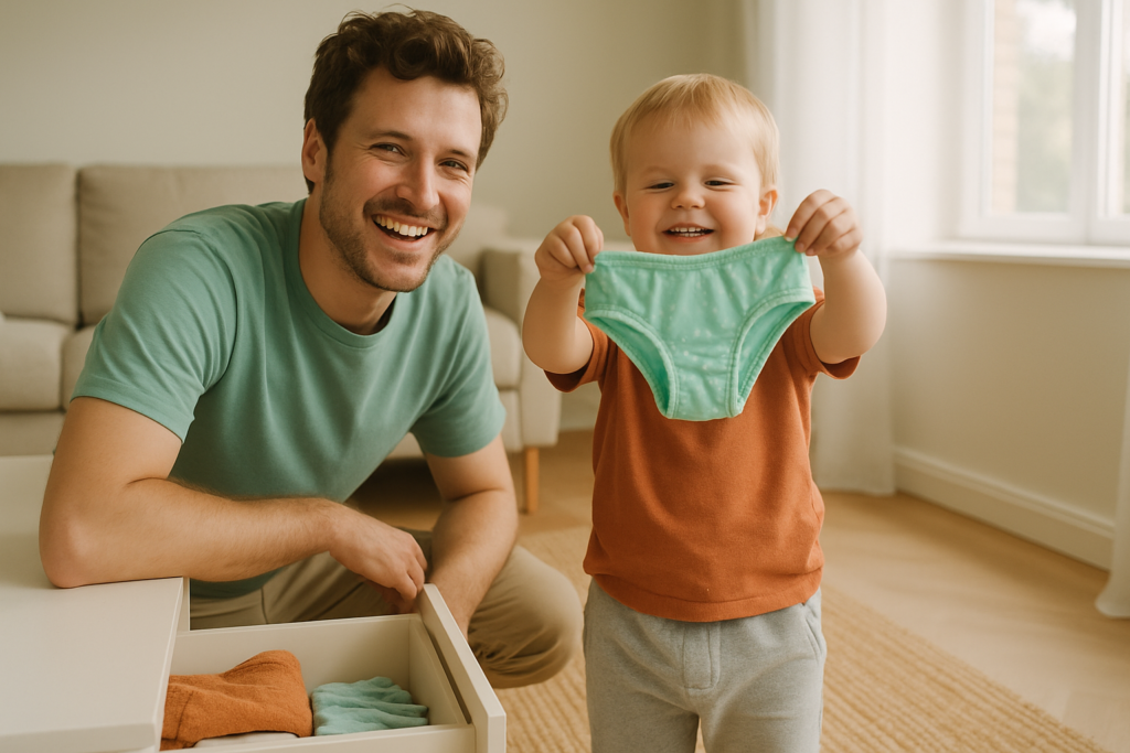 A parent and toddler standing together in a bright living room, the toddler holding a pair of folded underwear.