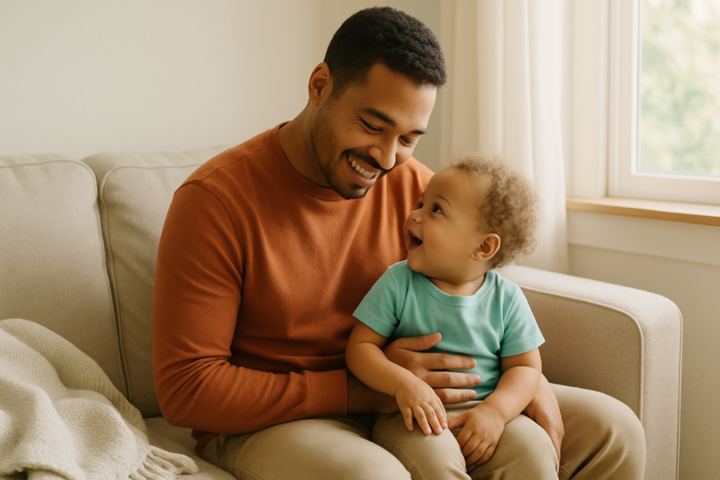 A parent sits on a sofa with a toddler on their lap, smiling and talking in a bright living room.