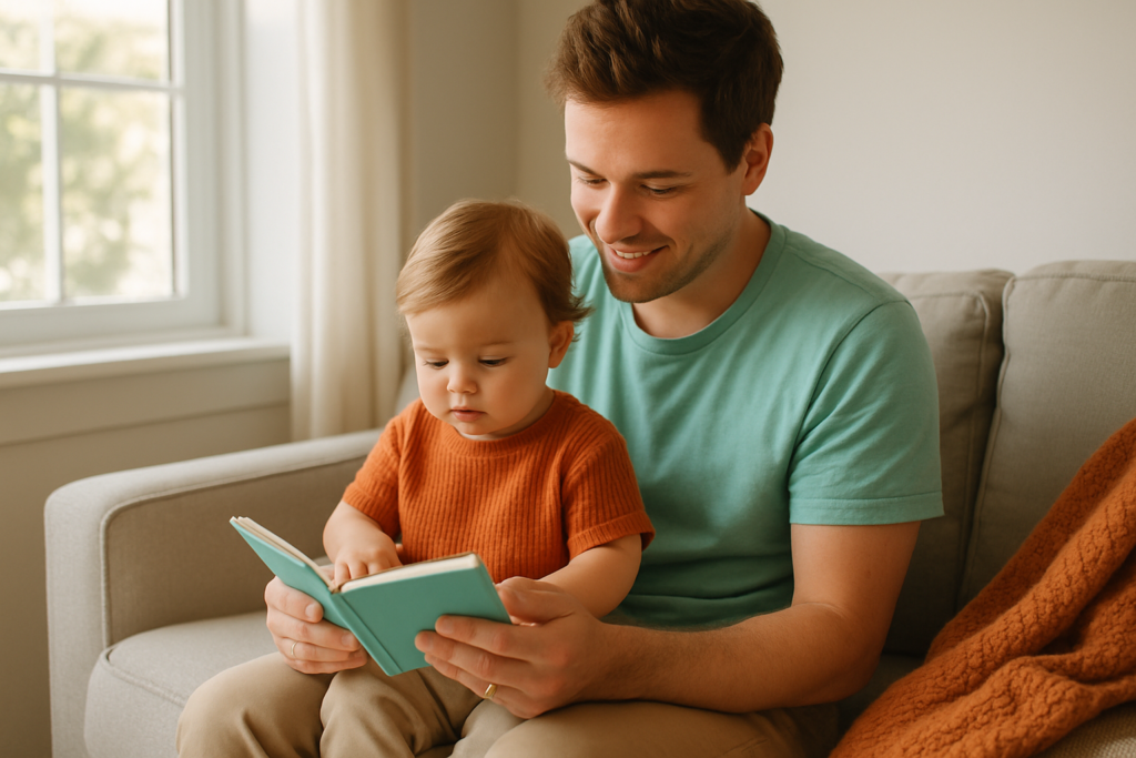A parent and toddler sitting together on a sofa looking at a book in a sunlit living room.