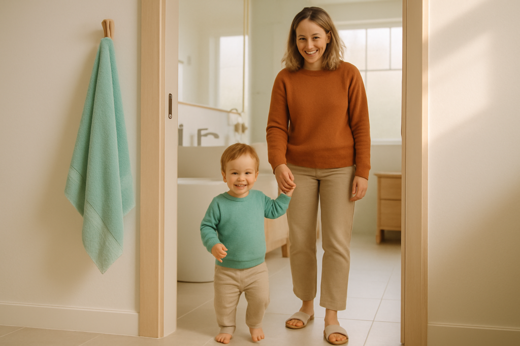 A toddler holds a parent's hand while standing in a sunlit bathroom doorway, both smiling.