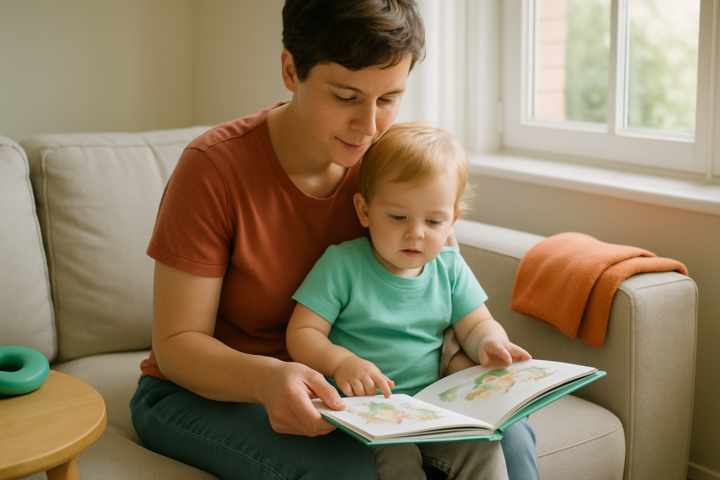 A parent and toddler sit together on a sofa reading a picture book in a sunlit living room.