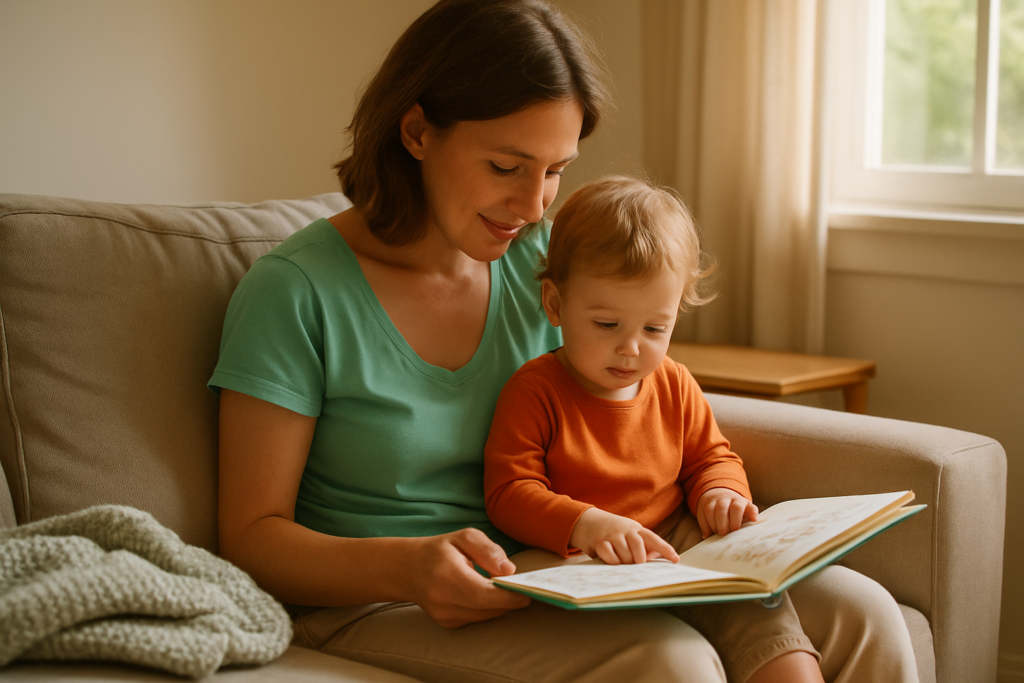 A parent and toddler sitting together on a sofa reading a picture book in a softly lit living room.