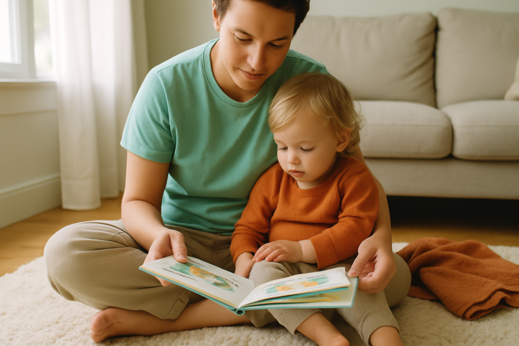 A parent and toddler sitting together on a rug reading a picture book in a sunlit living room.