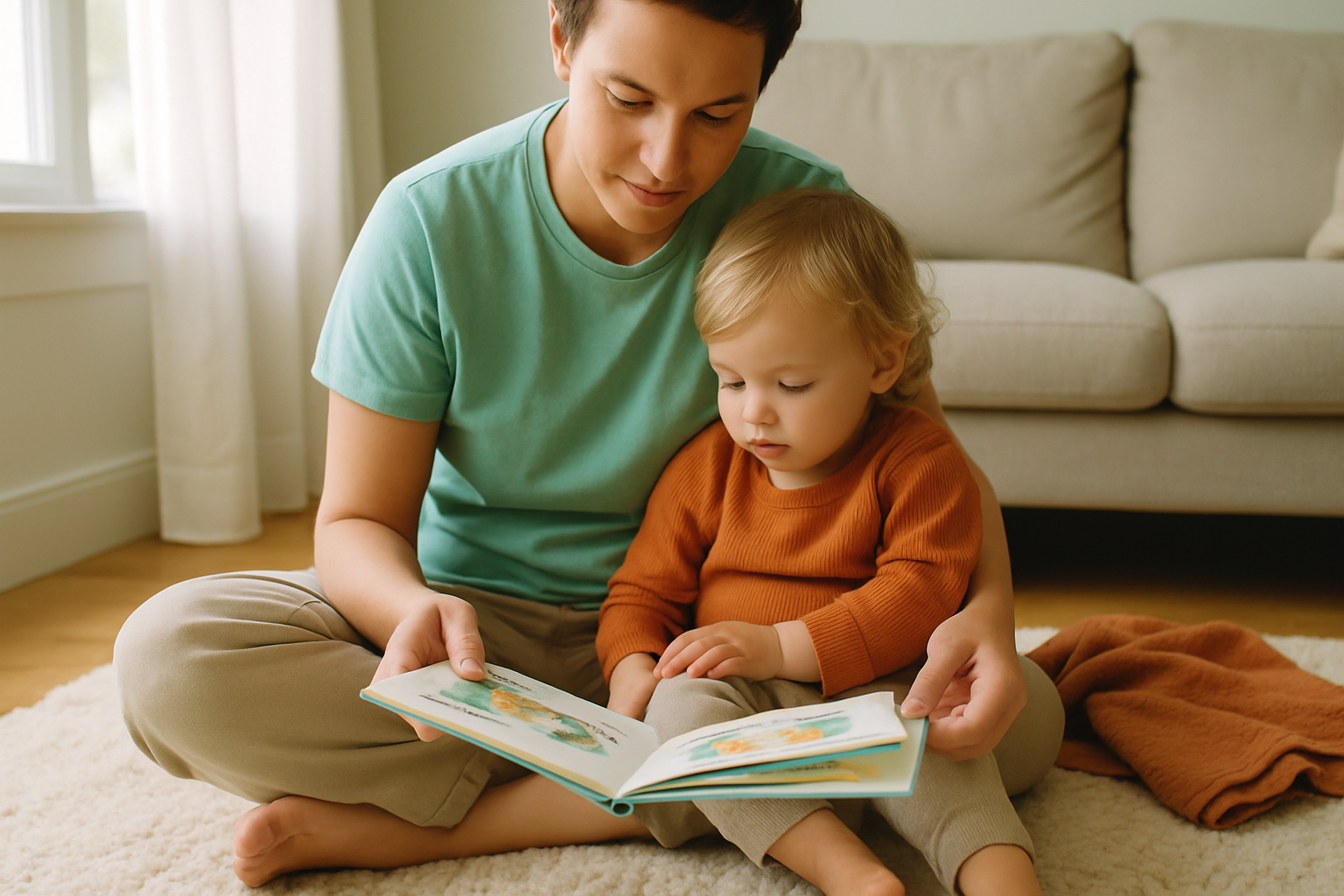 A parent and toddler sitting together on a rug reading a picture book in a sunlit living room.