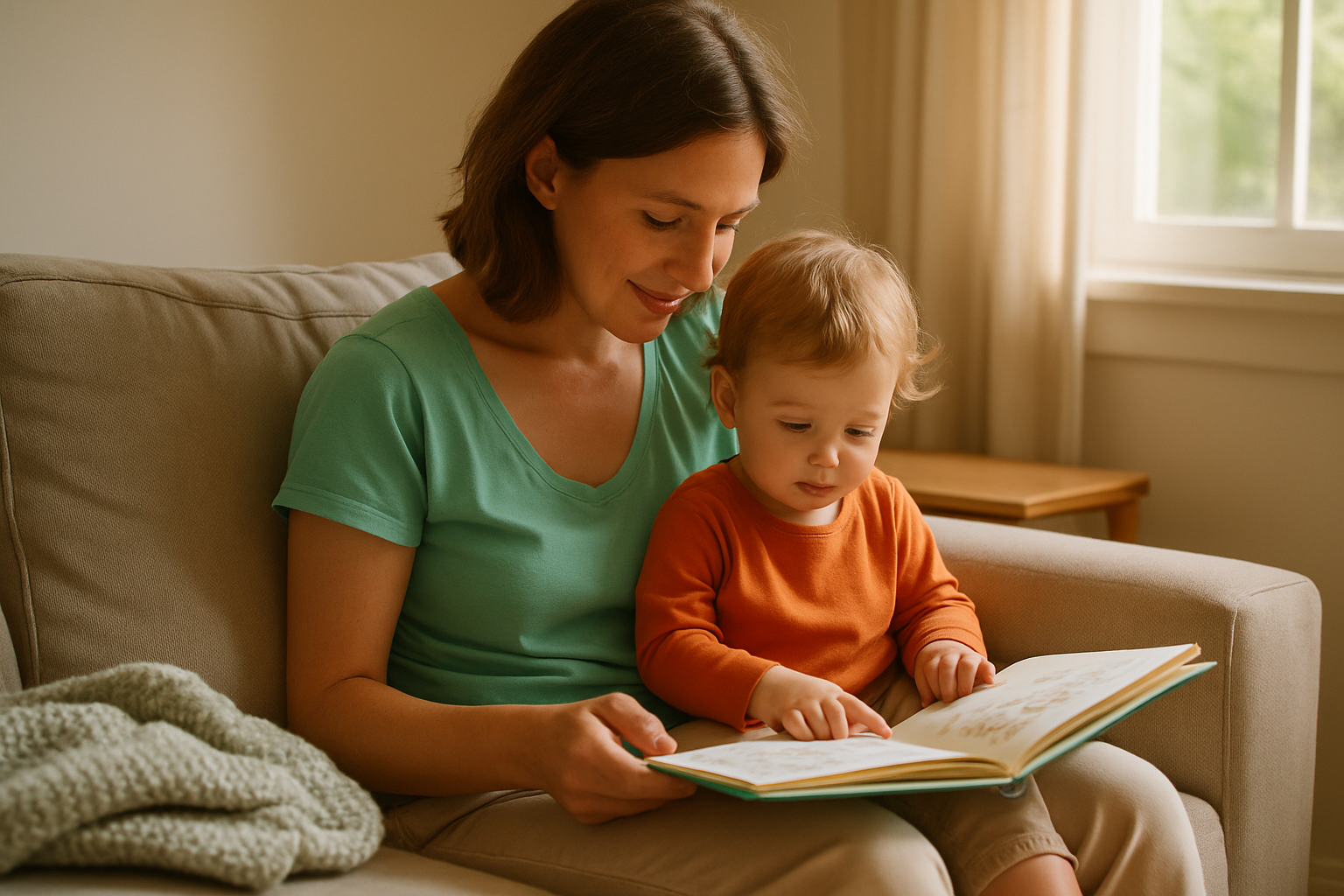A parent and toddler sitting together on a sofa reading a picture book in a softly lit living room.