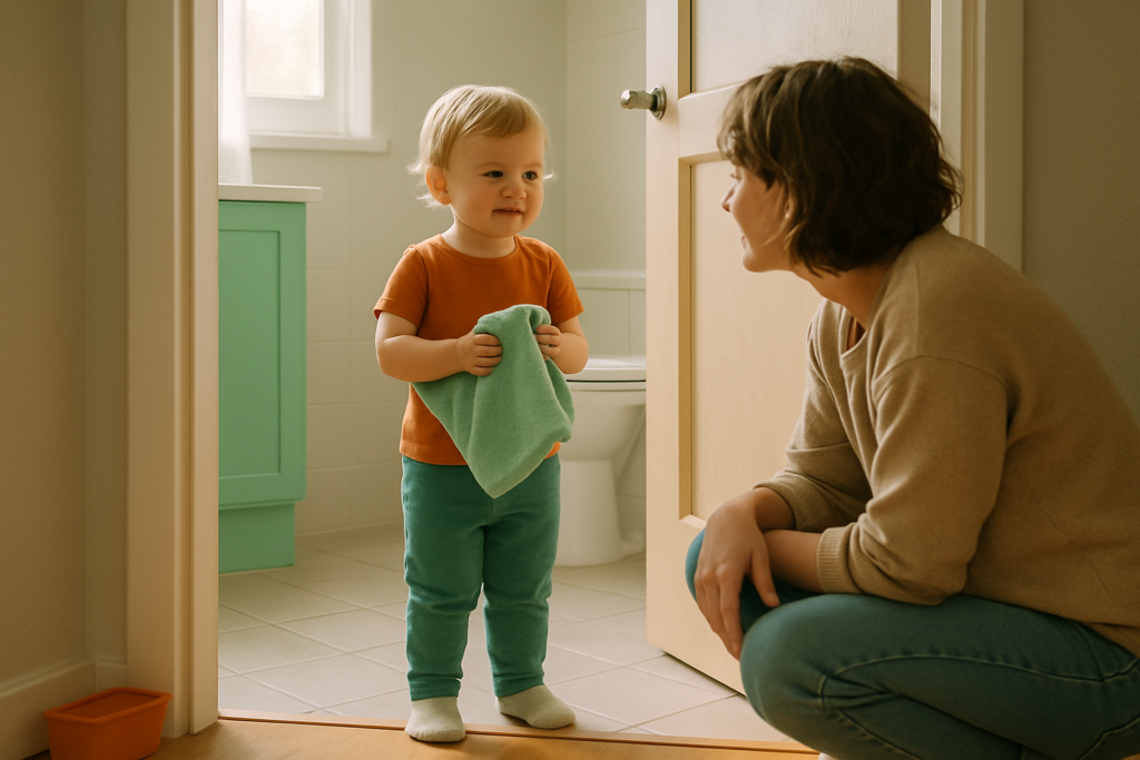 A toddler stands in a bathroom doorway holding a towel while a parent crouches nearby smiling.