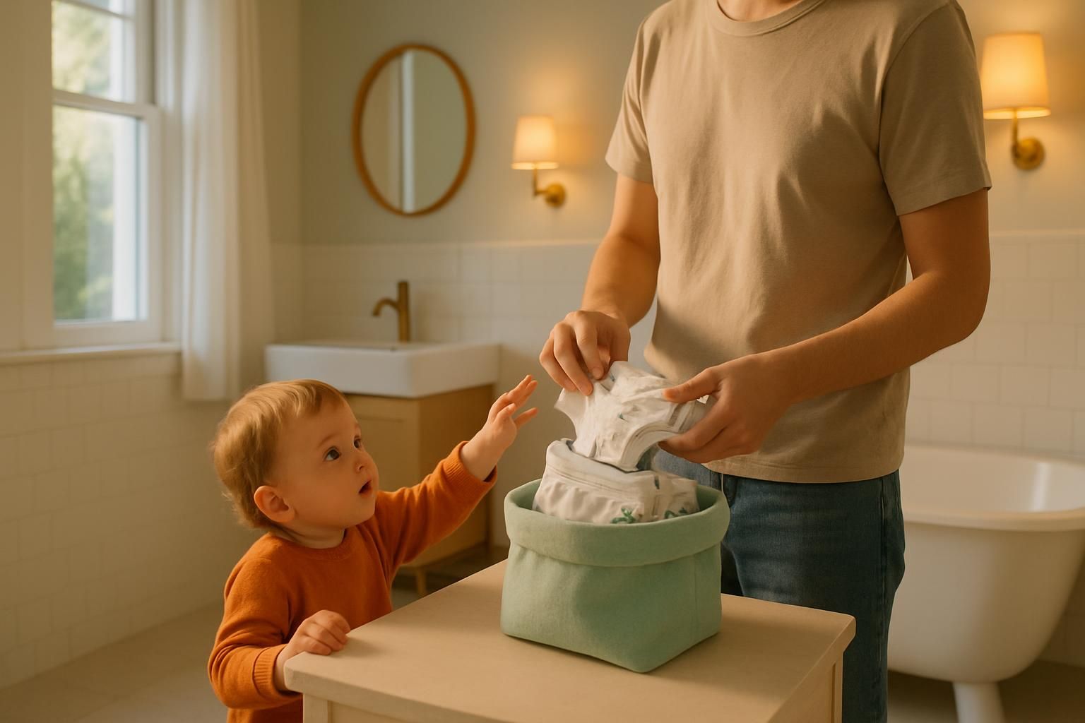 A parent folds small pairs of cotton underwear into a basket while a toddler stands nearby in a bright bathroom.