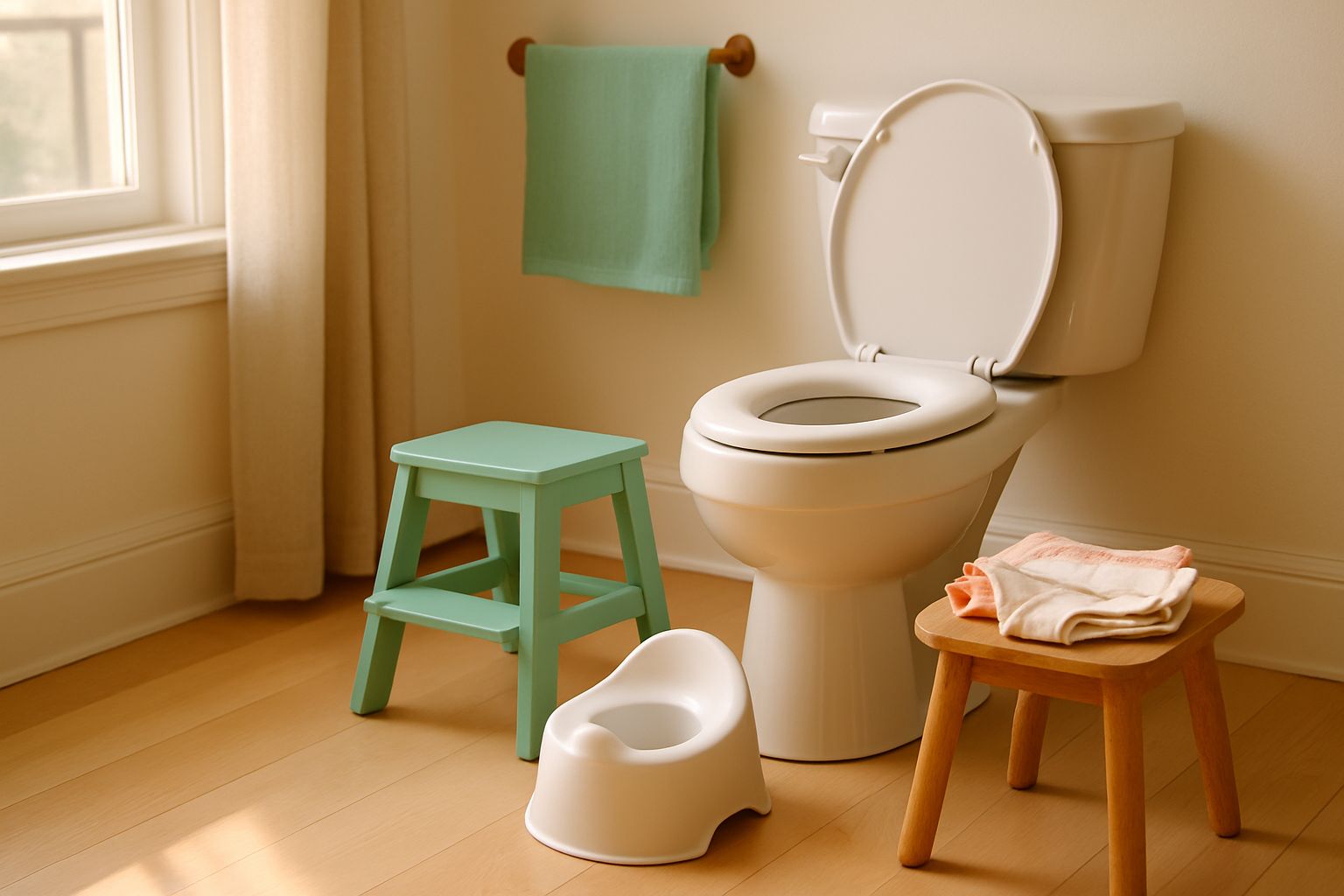 A toddler step stool, toilet seat reducer, small potty, and folded cotton underwear arranged in a sunlit bathroom.