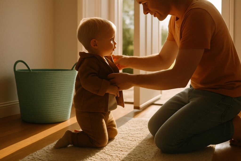 You kneel by the front door to help your toddler into a jacket before you head out.