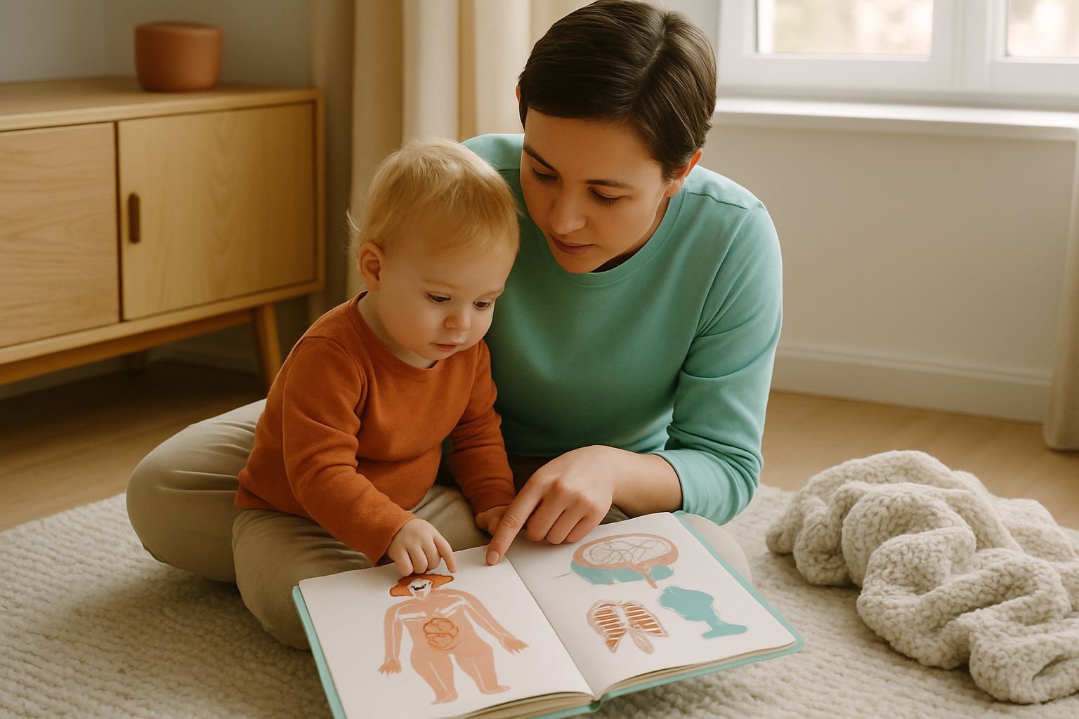 A parent and toddler sit together on a rug, looking at a picture book in a softly lit living room.