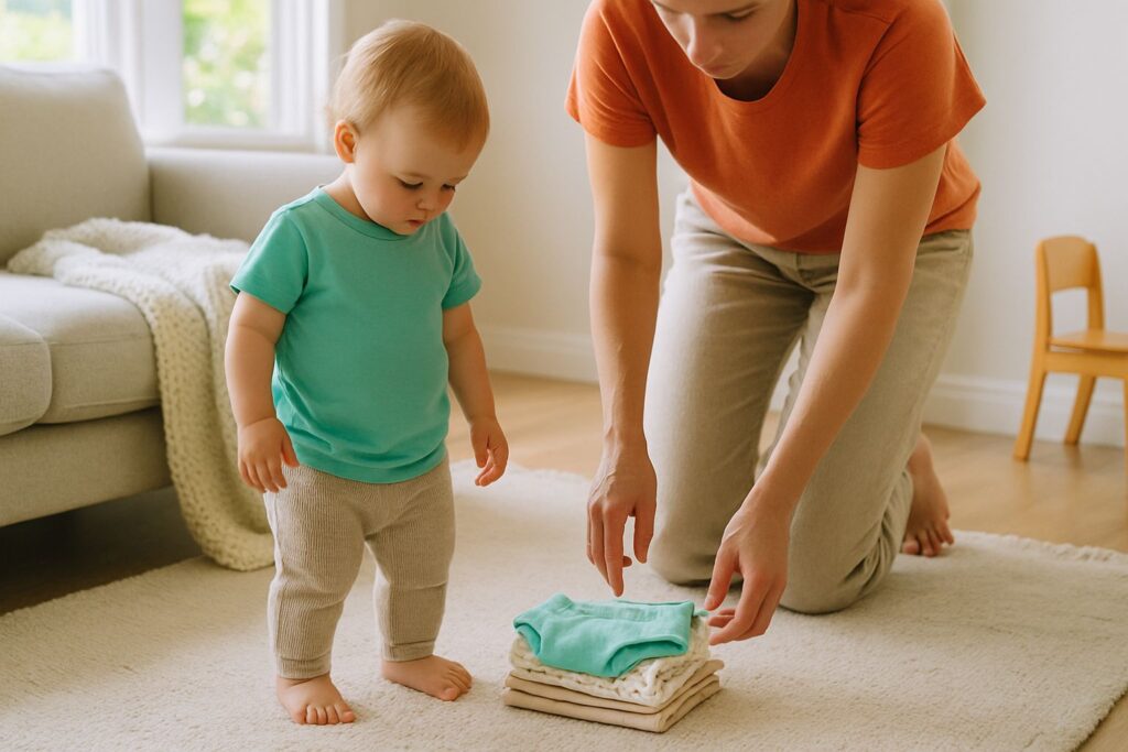 A parent and toddler standing together looking at folded cotton underwear on a rug in a sunlit living room.